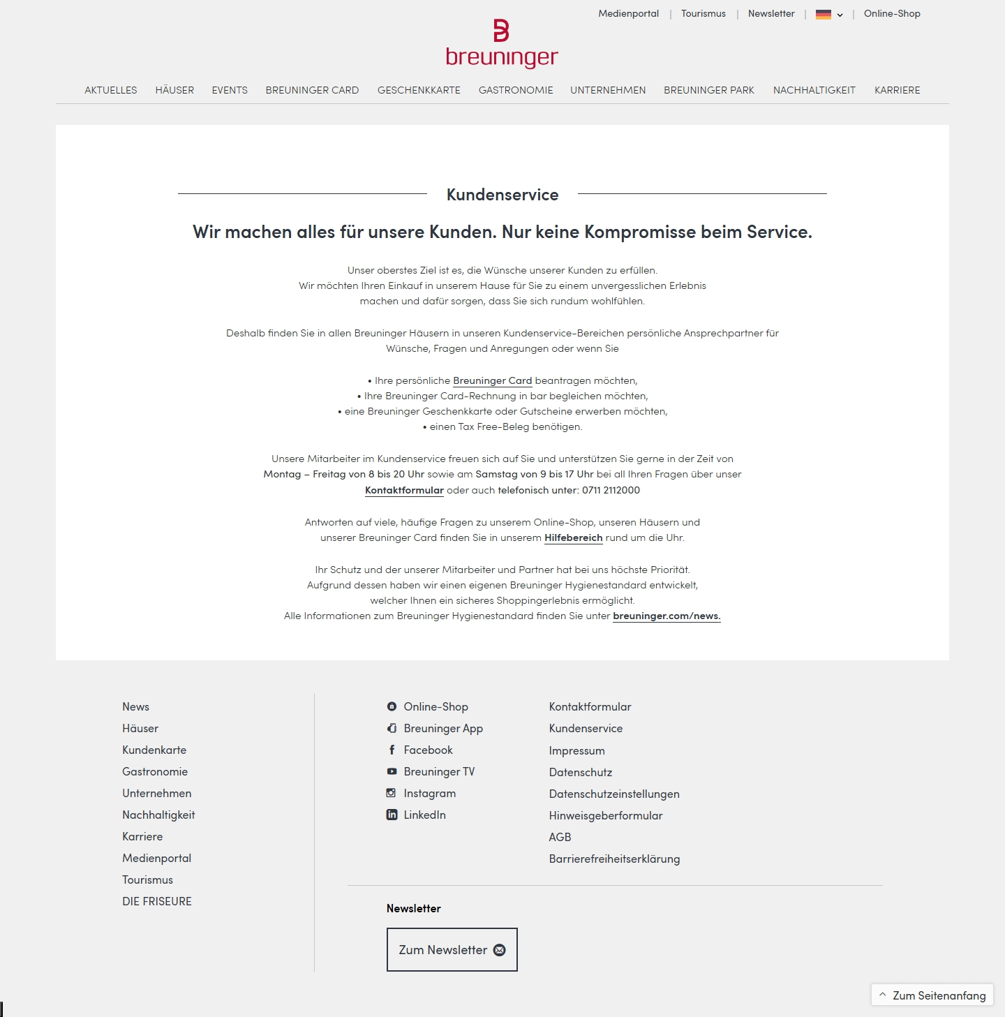 Breuninger Kundenservice, Telefonnummer, Kontakt