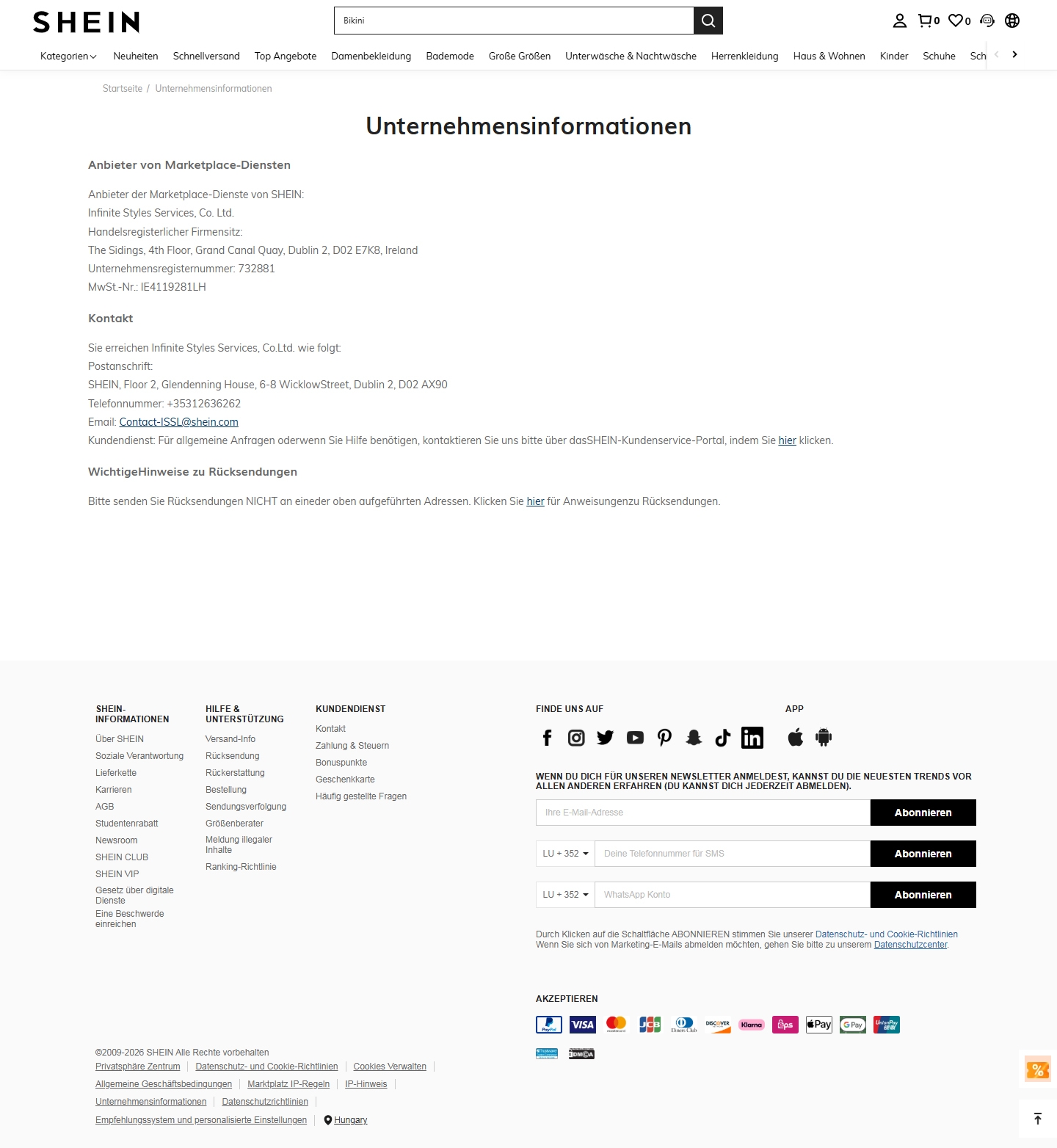 SHEIN Kundenservice, Telefonnummer, Kontakt