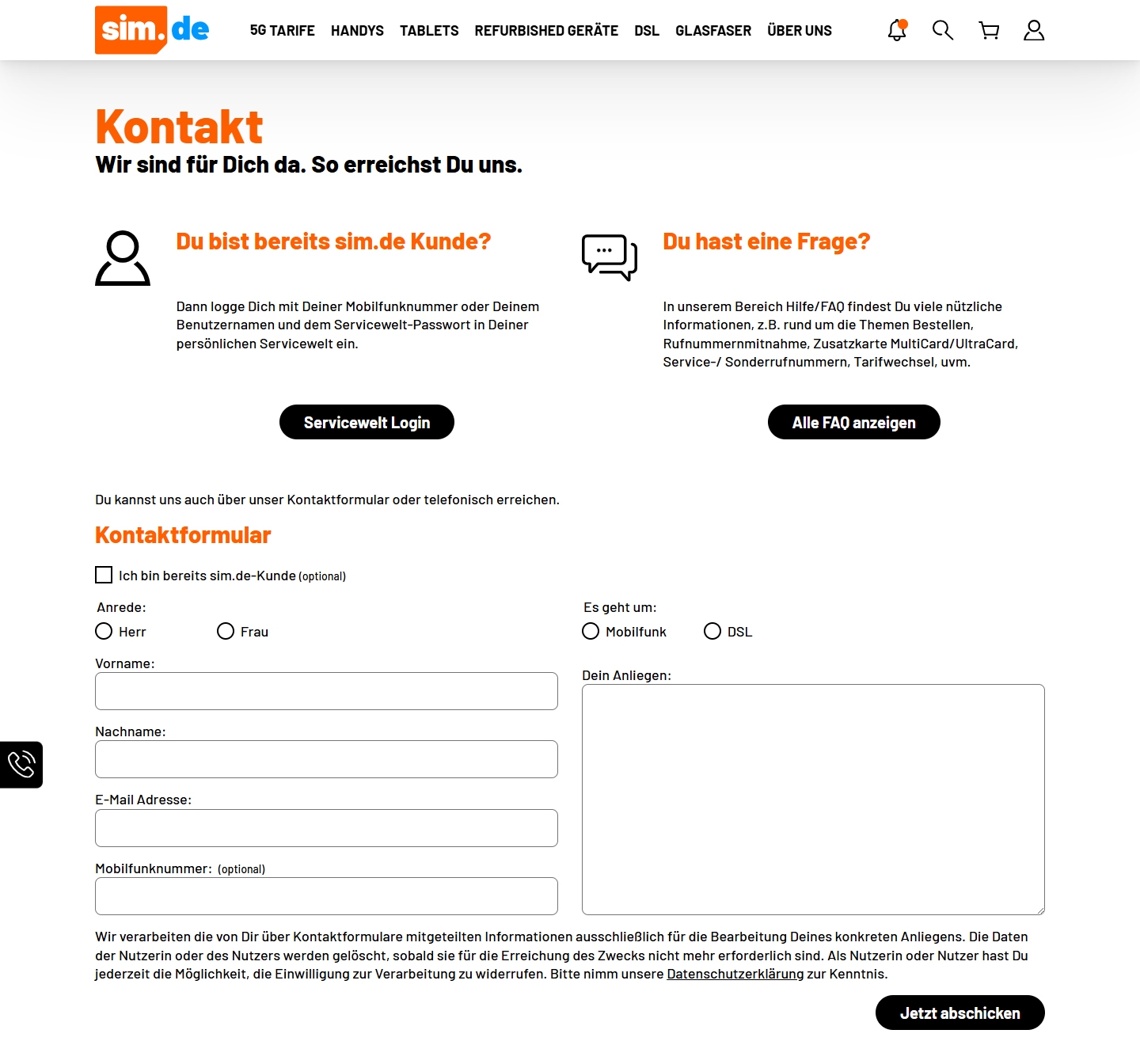 Sim.de Kundenservice, Telefonnummer, Kontakt