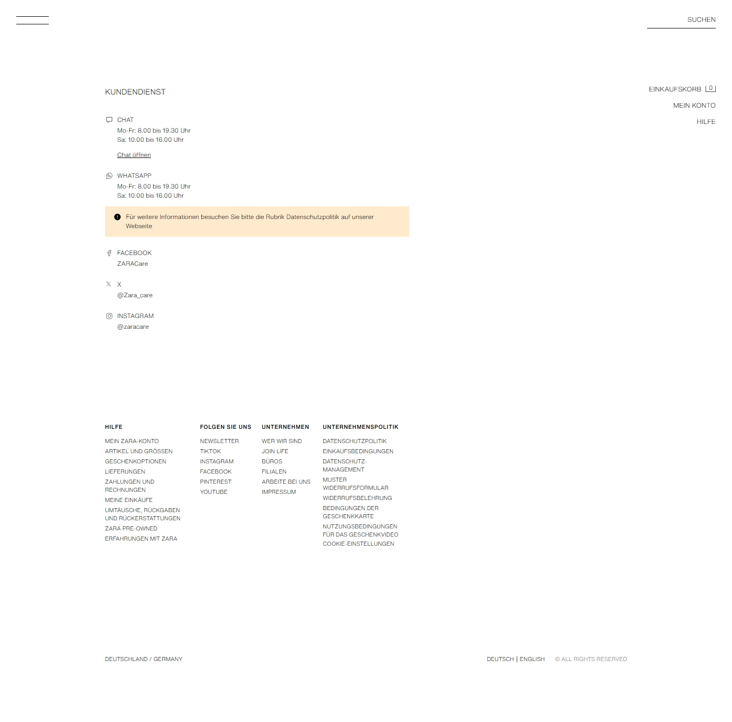ZARA Kundenservice, Telefonnummer, Kontakt